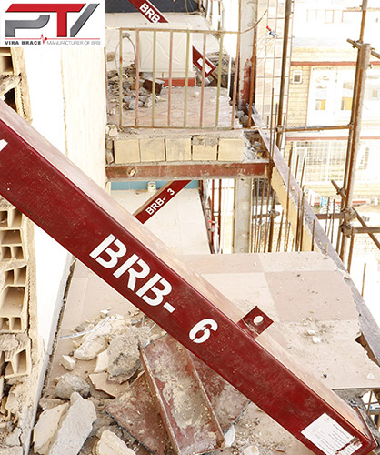 مهاربند کمانش تاب (BRB) تولید شرکت پویا تدبیر ویرا (Vira Brace) که در مقاوم سازی ساختمانی آسیب دیده در زلزله به کار رفته است.